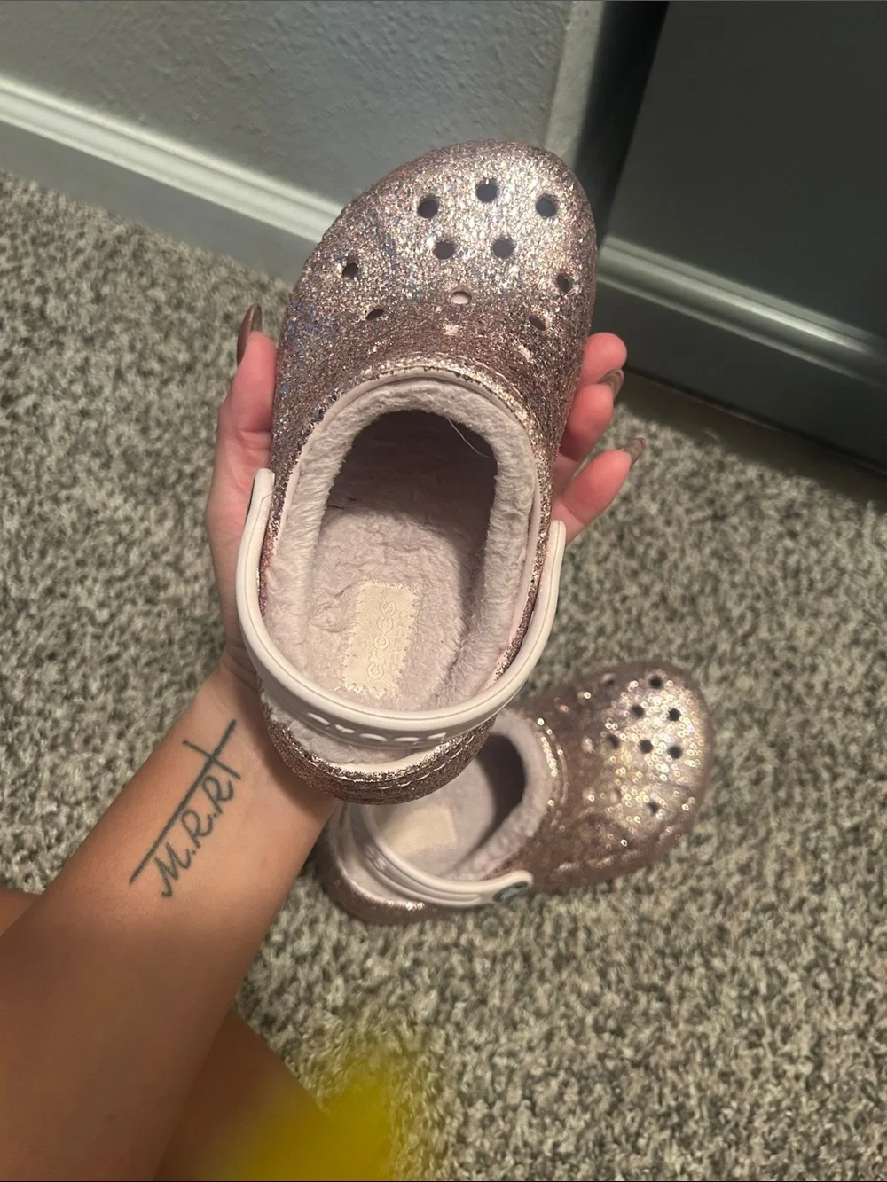CROCS Kids Glitter Clog in Rose Gold with Light Pink Strap